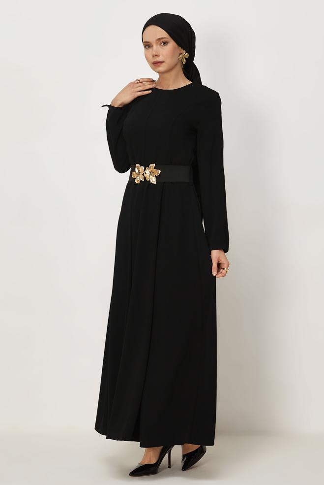 Hijab clothing BLACK BELTED DRESS 46564 - ALVİNA