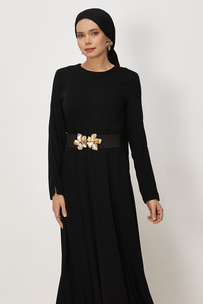 Hijab clothing BLACK BELTED DRESS 46564 - ALVİNA