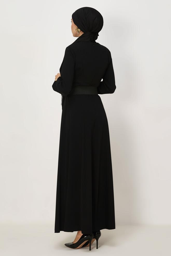 Hijab clothing BLACK BELTED DRESS 46564 - ALVİNA