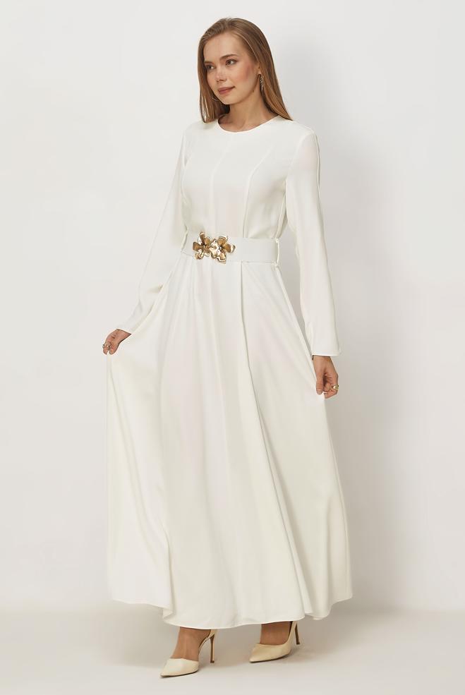 Hijab clothing WHITE BELTED DRESS 46564 - ALVİNA