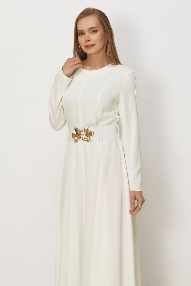 Hijab clothing WHITE BELTED DRESS 46564 - ALVİNA