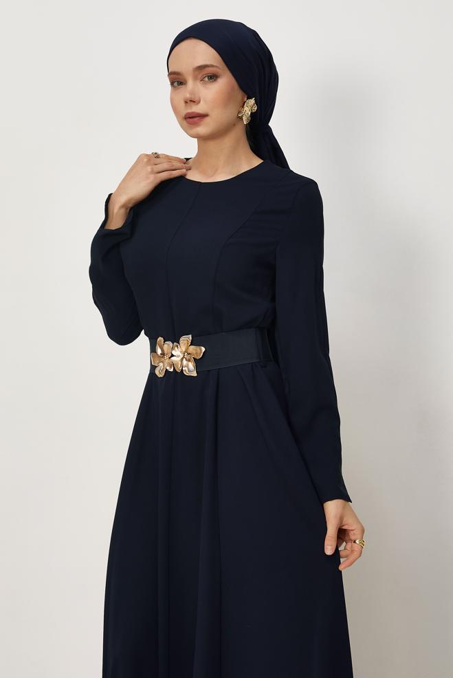 Hijab clothing NAVY BLUE BELTED DRESS 46564 - ALVİNA