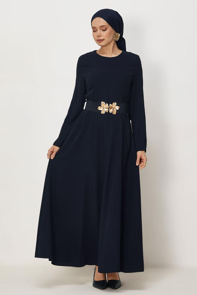 Hijab clothing NAVY BLUE BELTED DRESS 46564 - ALVİNA