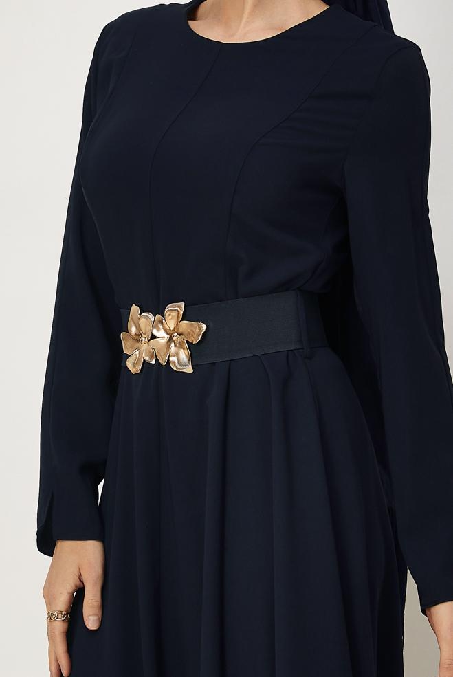 Hijab clothing NAVY BLUE BELTED DRESS 46564 - ALVİNA