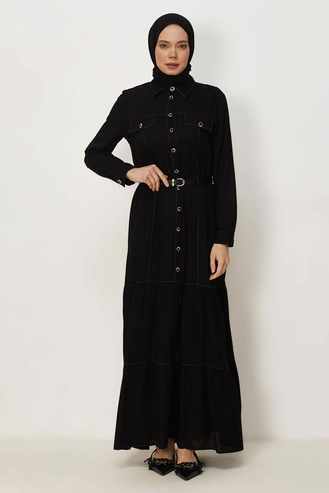 Hijab clothing BLACK BELTED VISCON LINEN FABRIC 46588 - ALVİNA