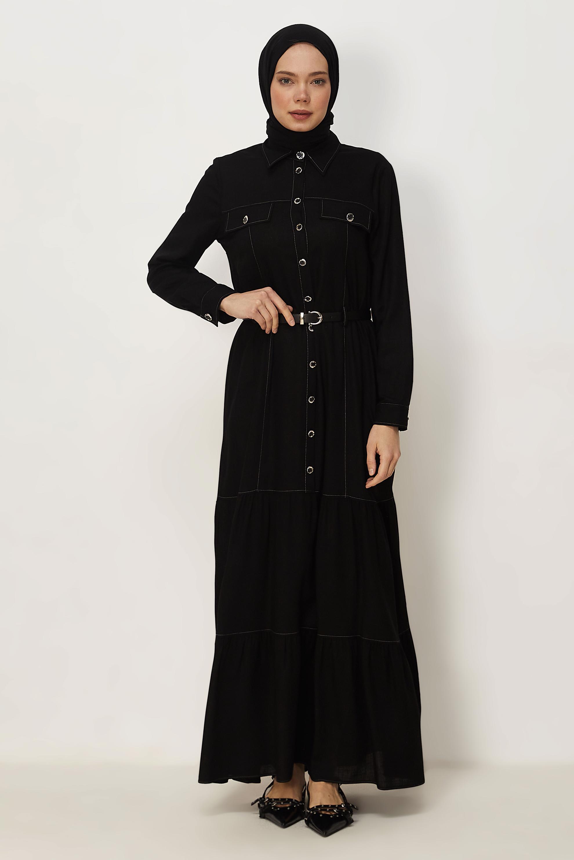 Hijab clothing BLACK BELTED VISCON LINEN FABRIC 46588