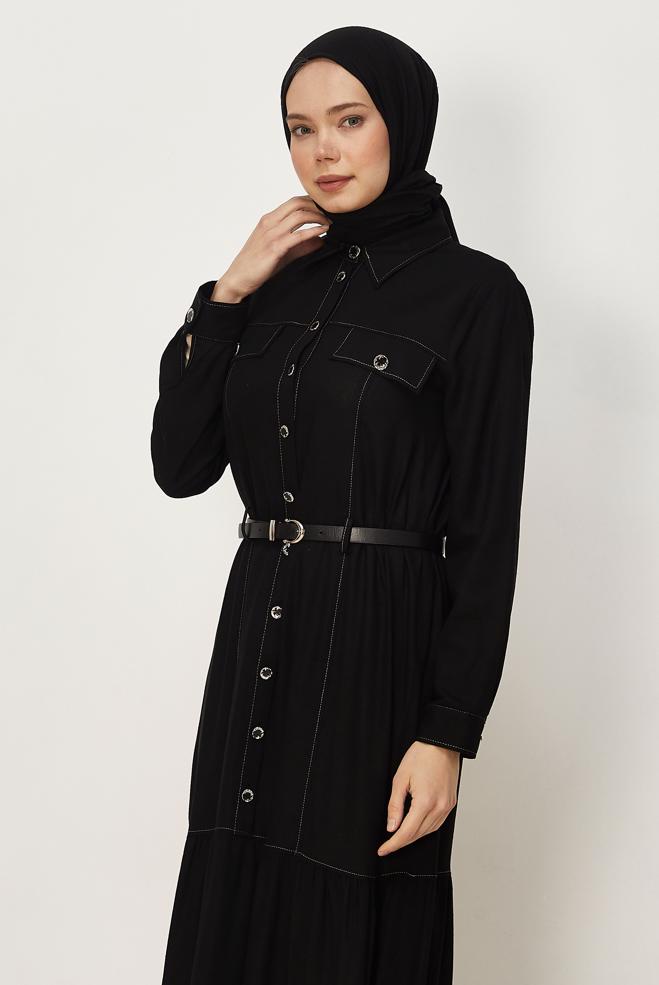 Hijab clothing BLACK BELTED VISCON LINEN FABRIC 46588 - ALVİNA