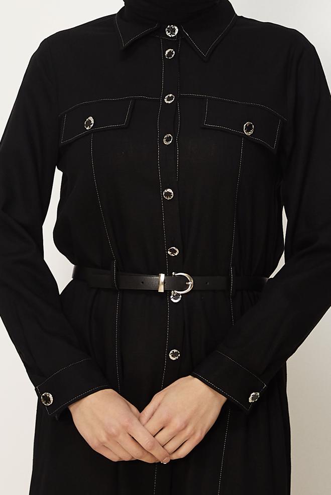 Hijab clothing BLACK BELTED VISCON LINEN FABRIC 46588 - ALVİNA