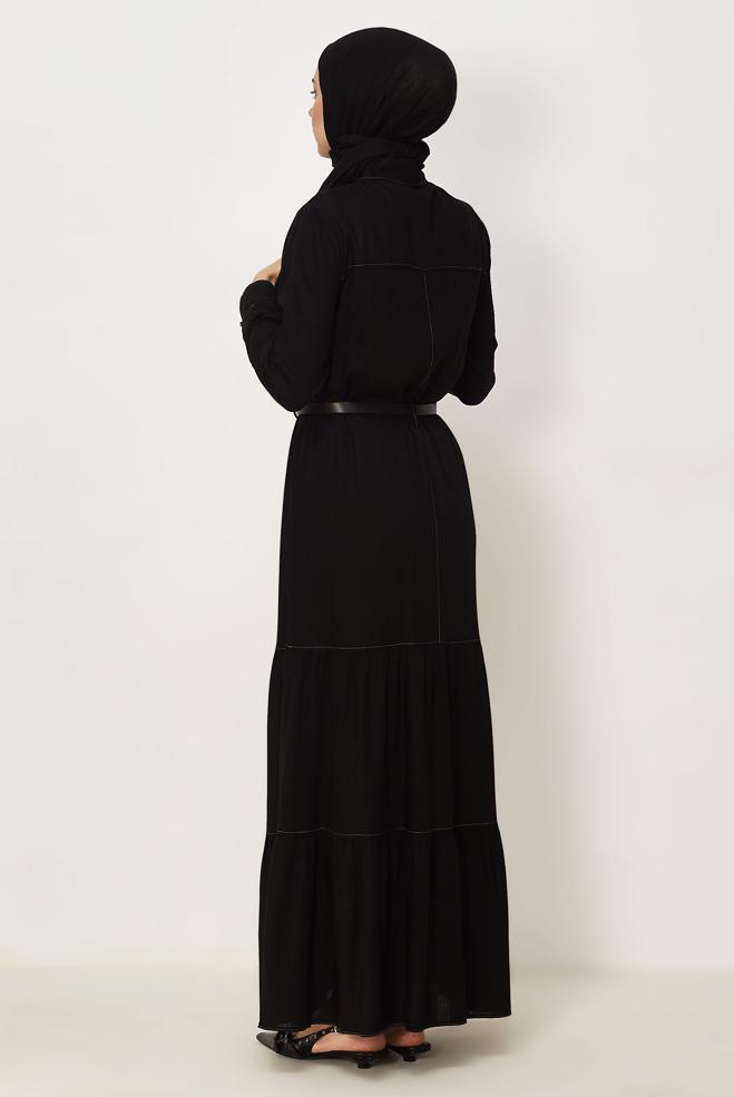 Hijab clothing BLACK BELTED VISCON LINEN FABRIC 46588 - ALVİNA