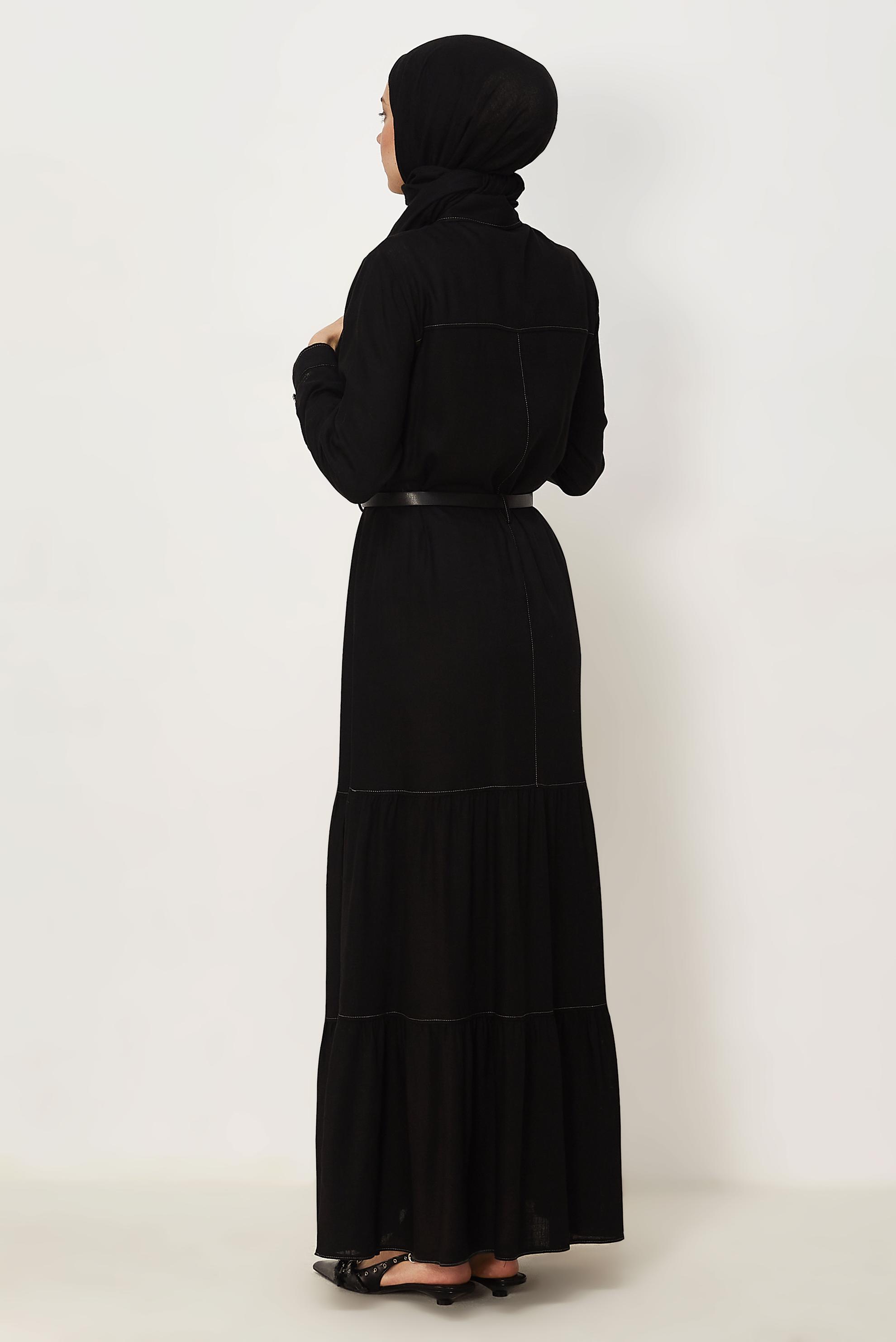 Hijab clothing BLACK BELTED VISCON LINEN FABRIC 46588
