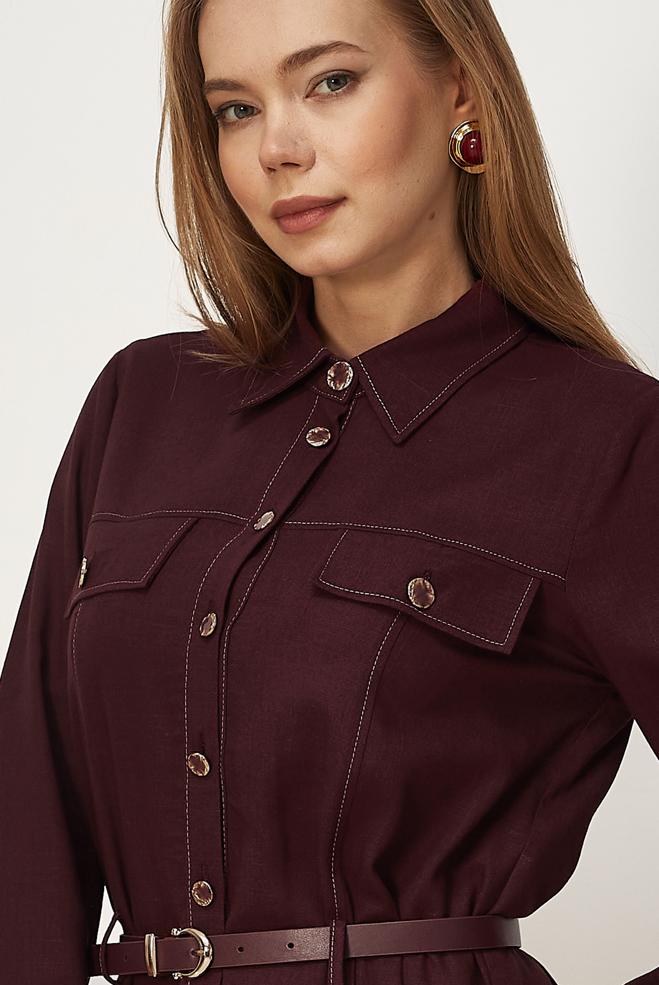 Hijab clothing BEIGE BELTED VISCON LINEN FABRIC 46588 - ALVİNA