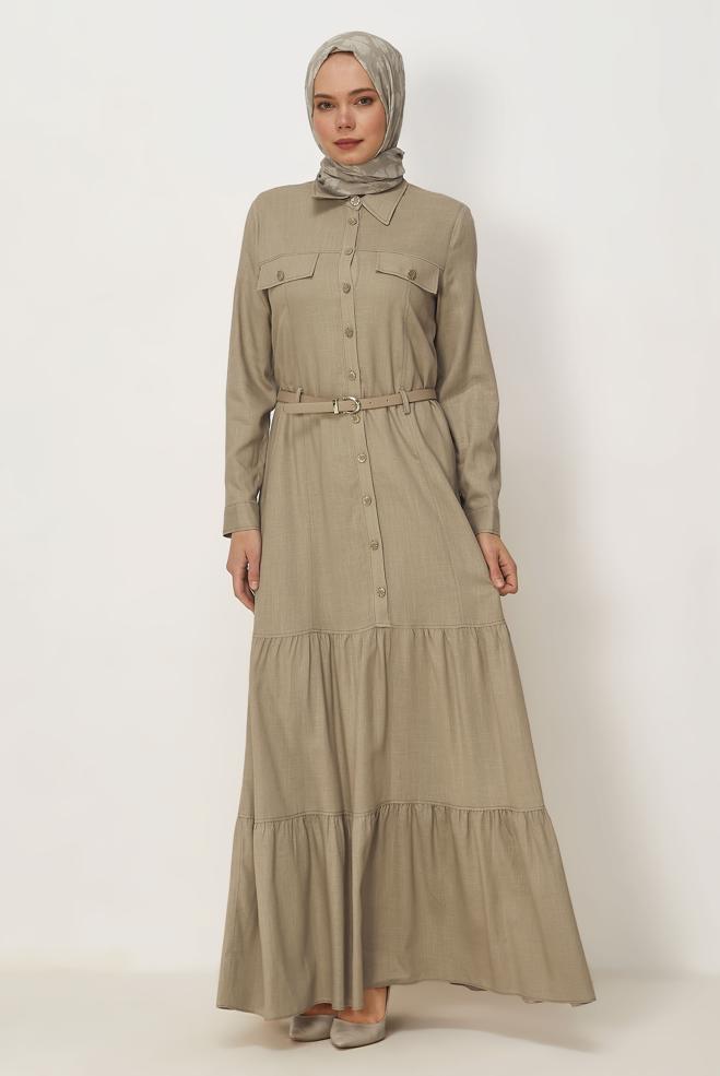 Hijab clothing BEIGE BELTED VISCON LINEN FABRIC 46588 - ALVİNA
