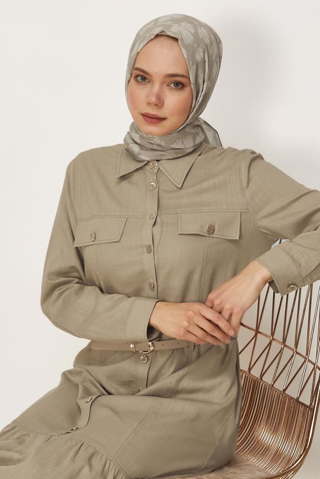Hijab clothing BEIGE BELTED VISCON LINEN FABRIC 46588 - ALVİNA