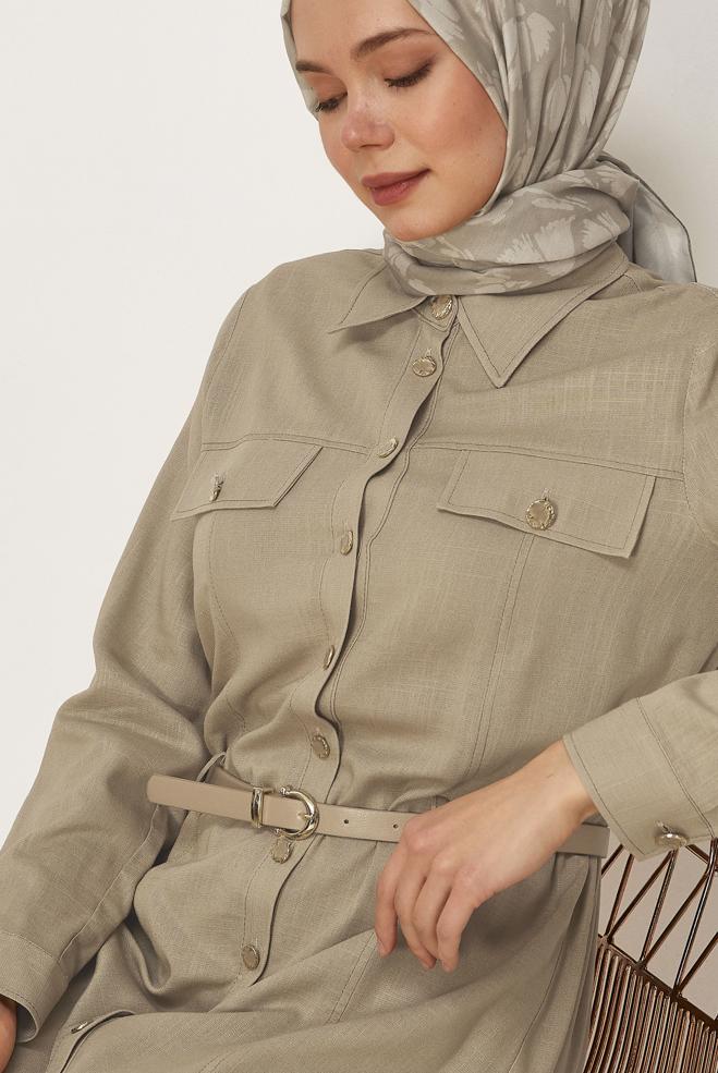 Hijab clothing BEIGE BELTED VISCON LINEN FABRIC 46588 - ALVİNA