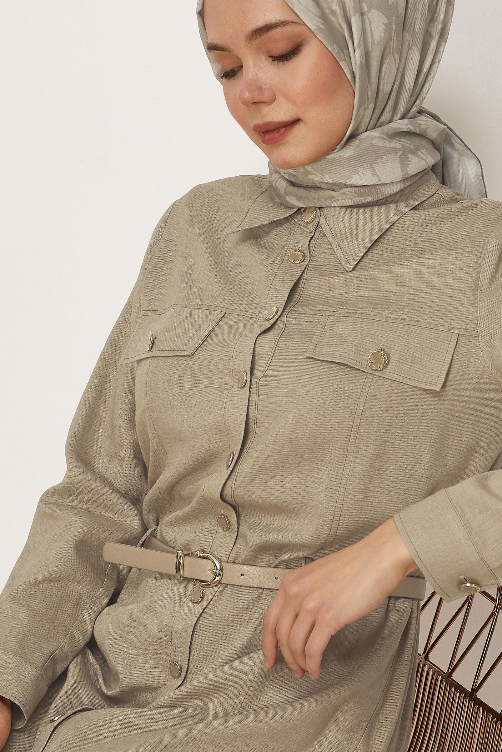 Hijab clothing BEIGE BELTED VISCON LINEN FABRIC 46588