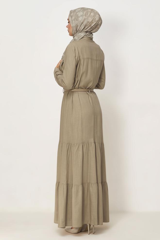 Hijab clothing BEIGE BELTED VISCON LINEN FABRIC 46588 - ALVİNA
