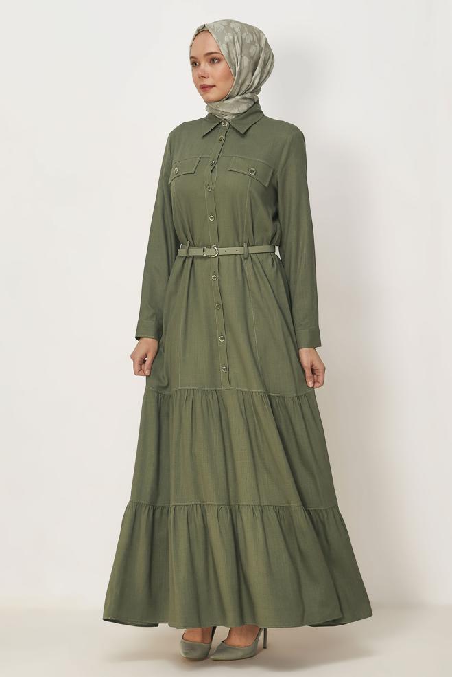 Hijab clothing KHAKI BELTED VISCON LINEN FABRIC 46588 - ALVİNA