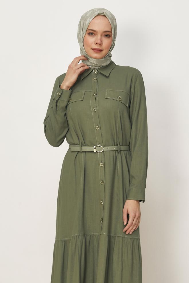 Hijab clothing KHAKI BELTED VISCON LINEN FABRIC 46588 - ALVİNA