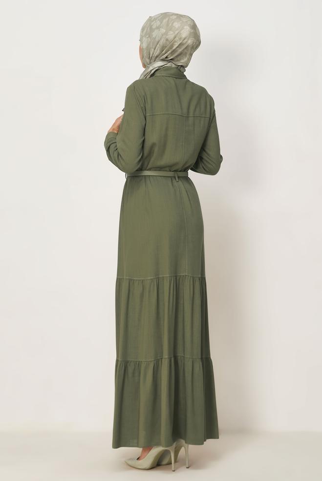 Hijab clothing KHAKI BELTED VISCON LINEN FABRIC 46588 - ALVİNA