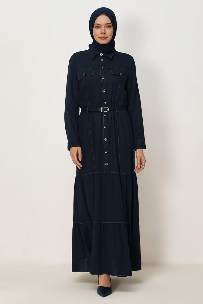 Hijab clothing NAVY BLUE BELTED VISCON LINEN FABRIC 46588 - ALVİNA