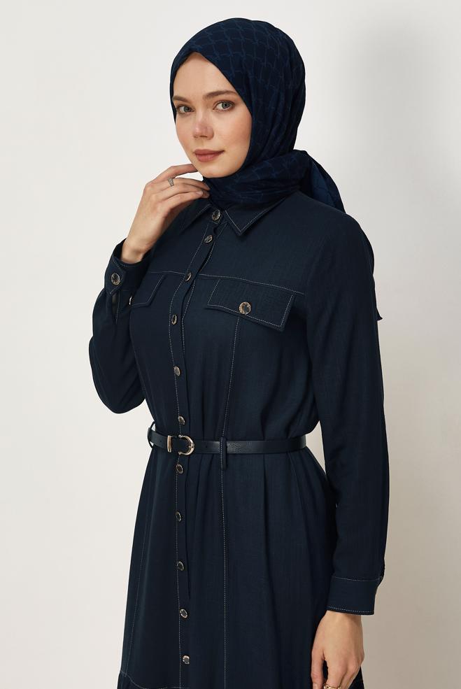 Hijab clothing NAVY BLUE BELTED VISCON LINEN FABRIC 46588 - ALVİNA