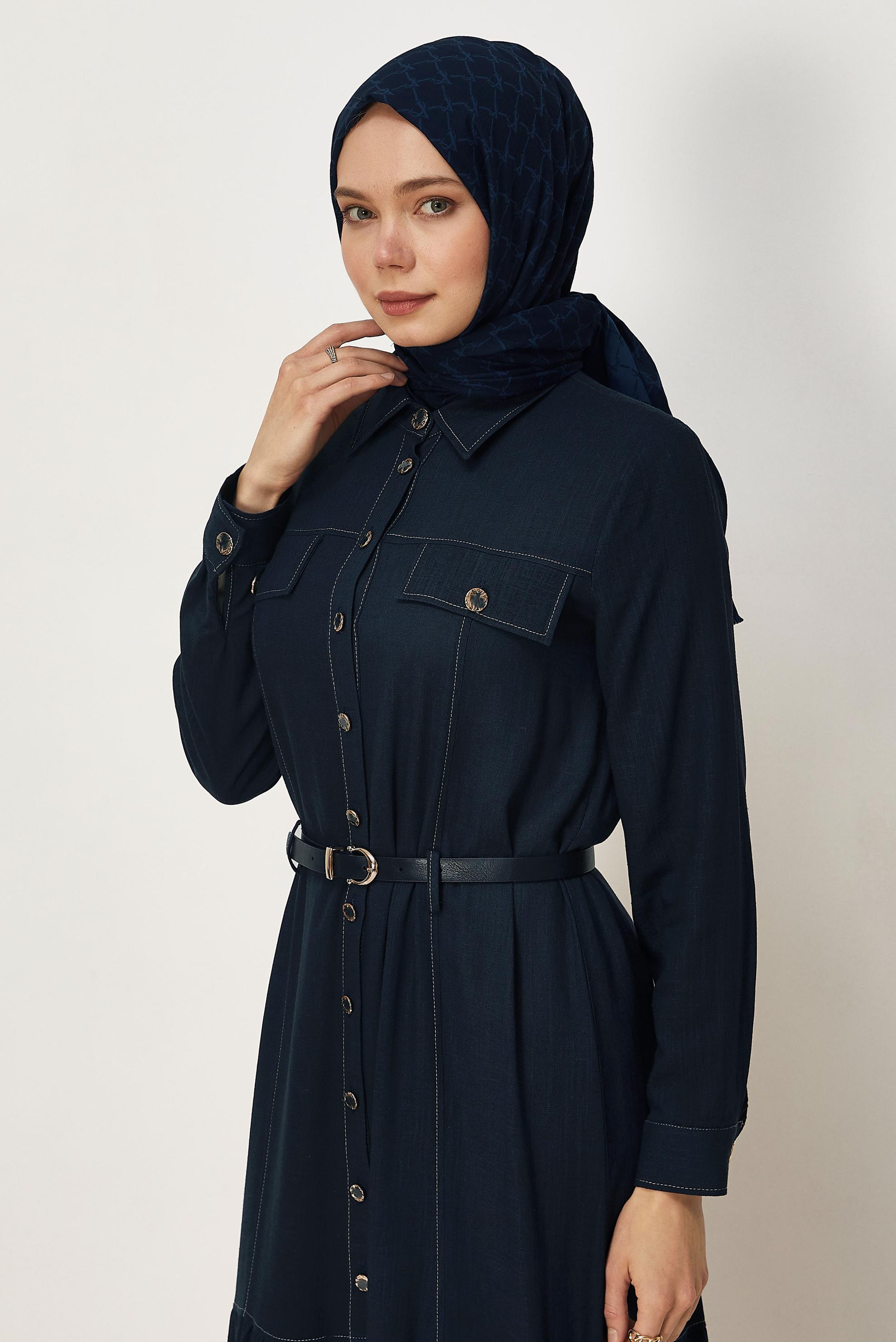 Hijab clothing NAVY BLUE BELTED VISCON LINEN FABRIC 46588