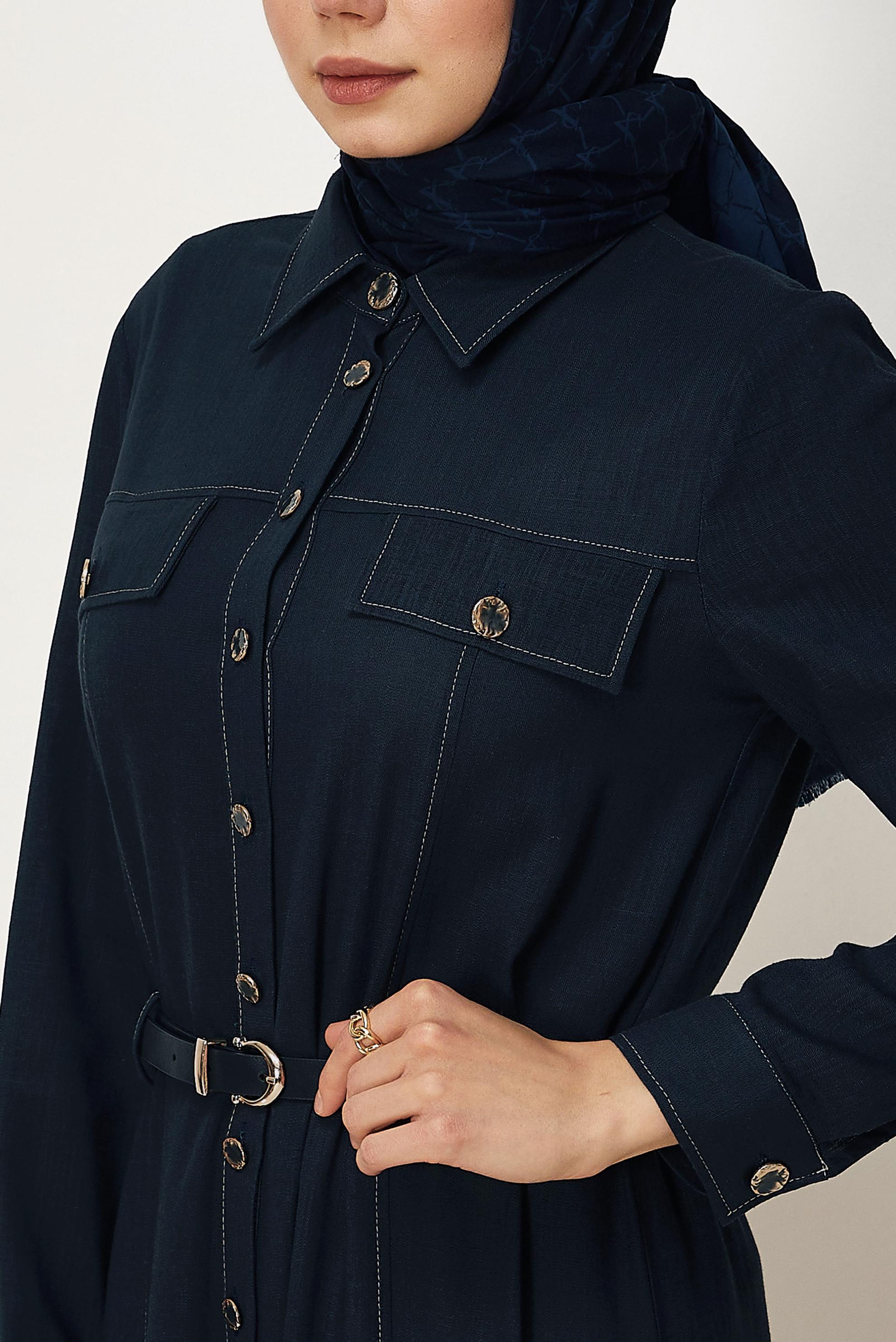 Hijab clothing NAVY BLUE BELTED VISCON LINEN FABRIC 46588