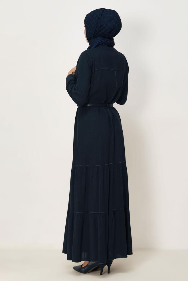 Hijab clothing NAVY BLUE BELTED VISCON LINEN FABRIC 46588 - ALVİNA