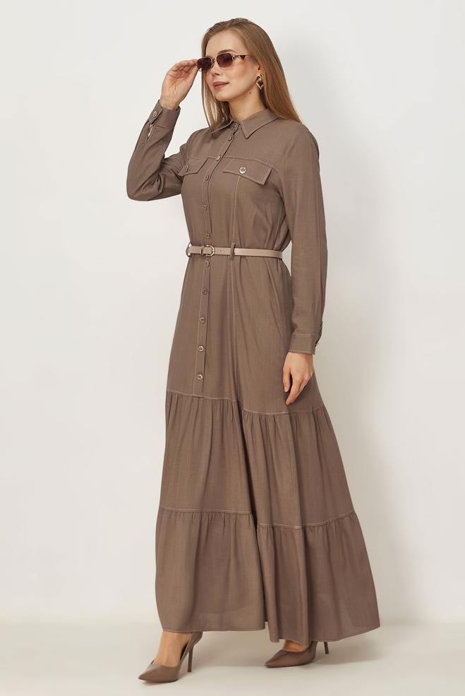 Hijab clothing MINK BELTED VISCON LINEN FABRIC 46588 - ALVİNA