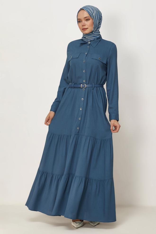 Hijab clothing NAVY BLUE BELTED VISCON LINEN FABRIC 46588 - ALVİNA