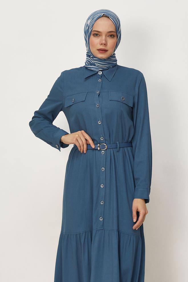 Hijab clothing NAVY BLUE BELTED VISCON LINEN FABRIC 46588 - ALVİNA