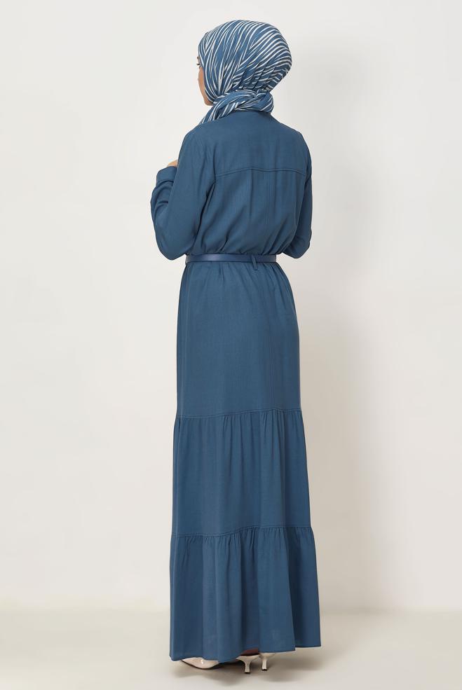 Hijab clothing NAVY BLUE BELTED VISCON LINEN FABRIC 46588 - ALVİNA