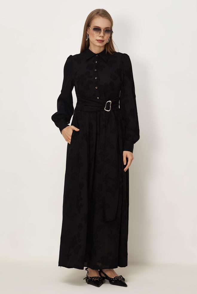 Hijab clothing BLACK BELTED PATTERNED DRESS 46591 - ALVİNA