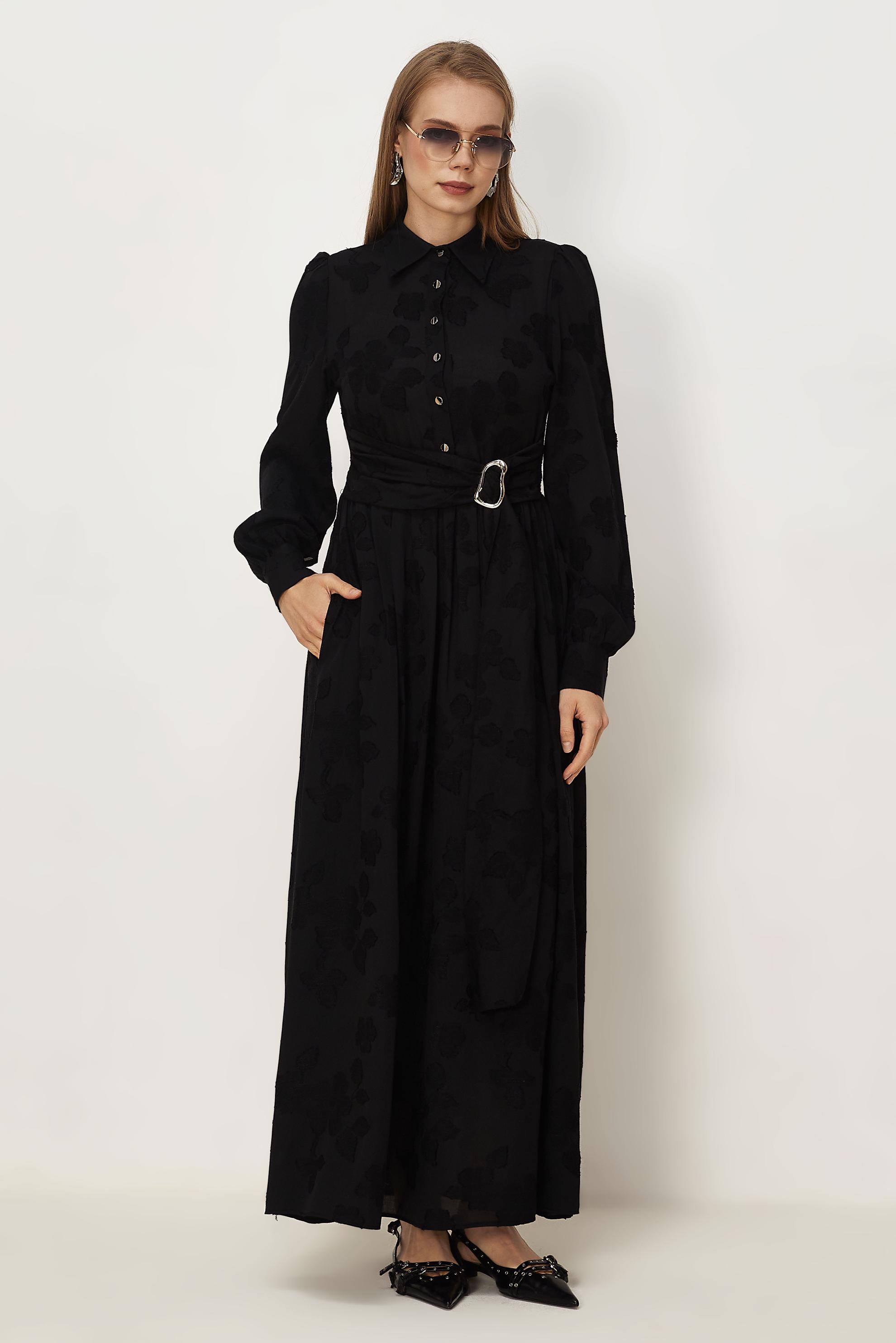 Hijab clothing BLACK BELTED JACQUARD DRESS 46591
