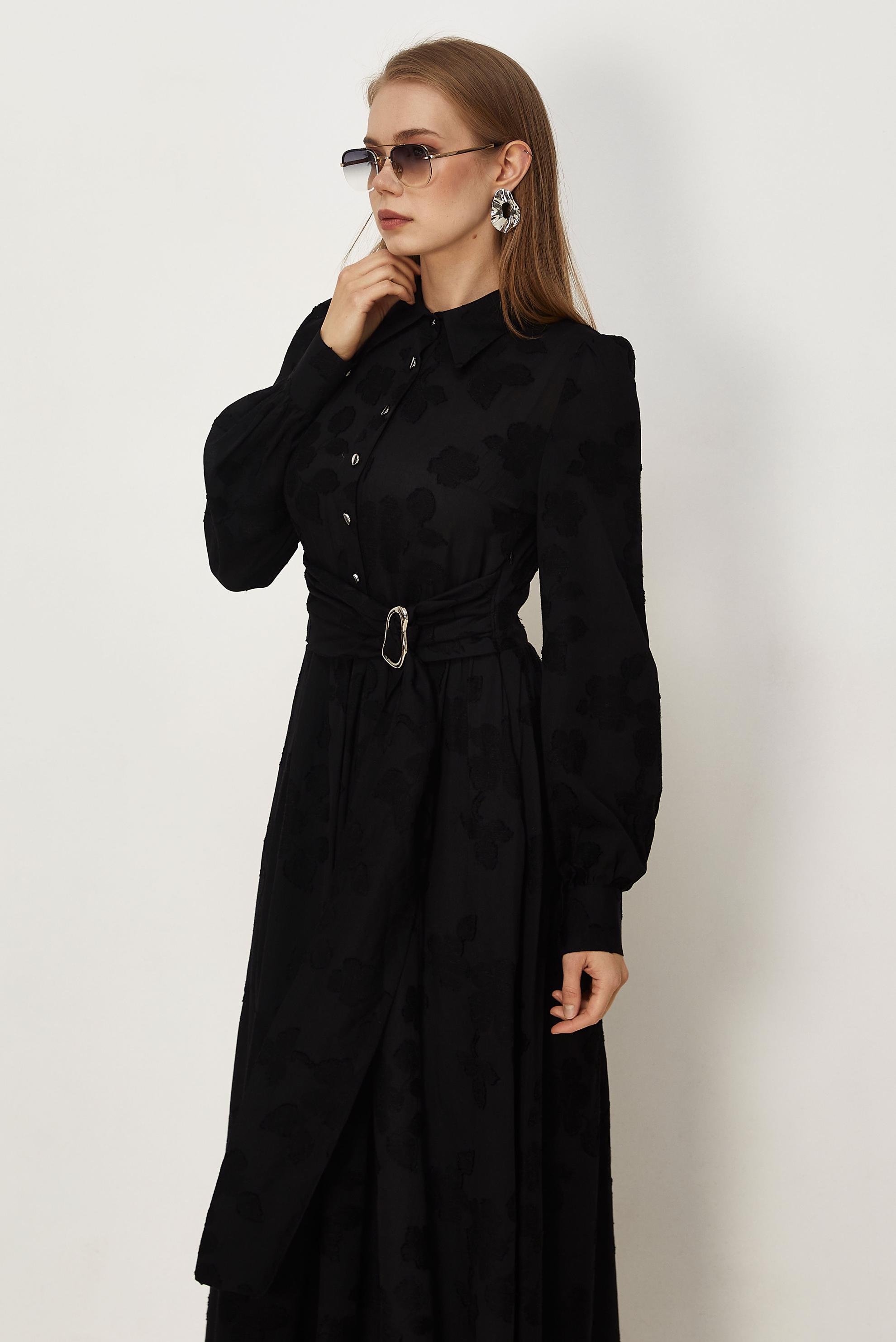 Hijab clothing BLACK BELTED JACQUARD DRESS 46591