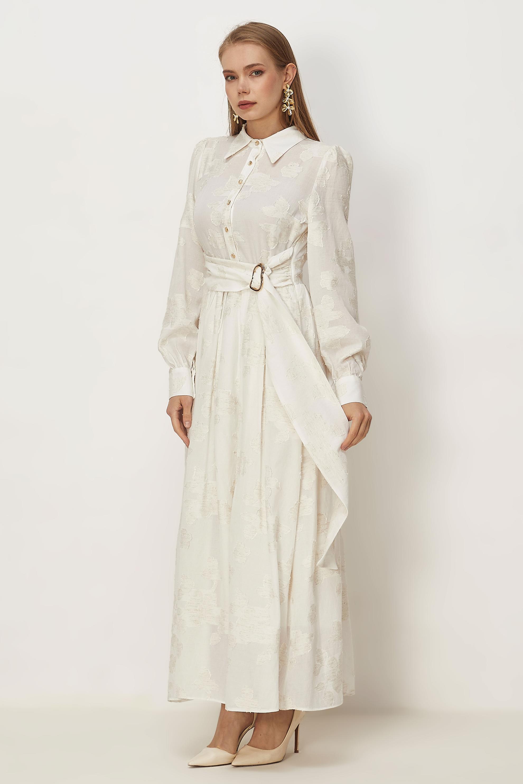 Hijab clothing WHITE BELTED JACQUARD DRESS 46591