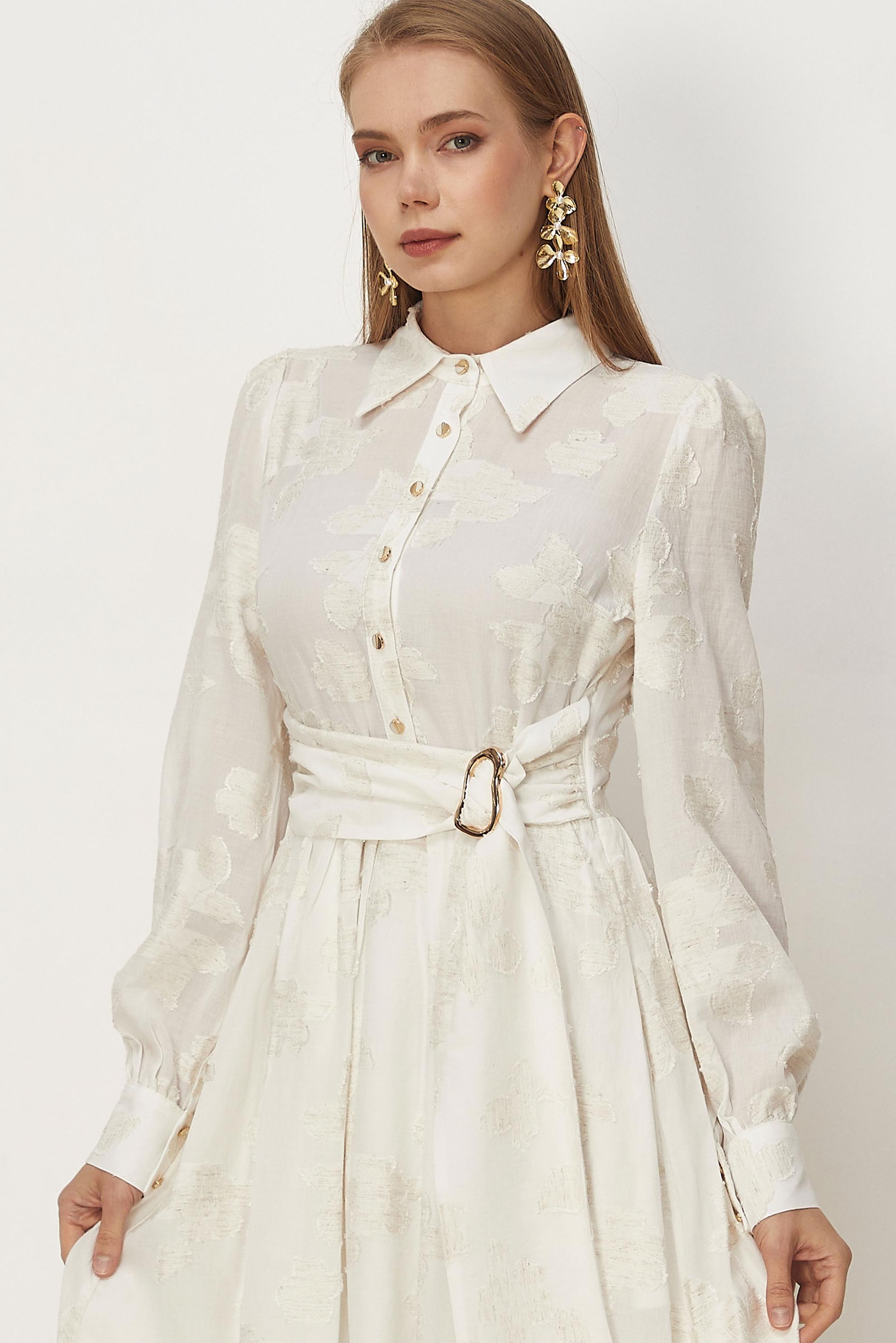 Hijab clothing WHITE BELTED JACQUARD DRESS 46591