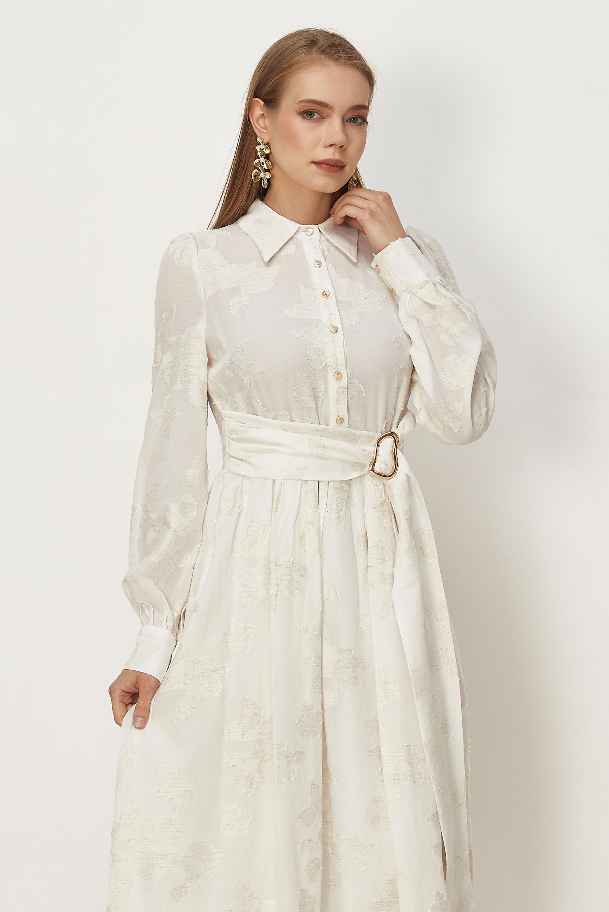 Hijab clothing WHITE BELTED JACQUARD DRESS 46591