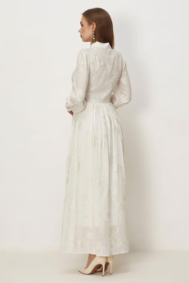 Hijab clothing WHITE BELTED PATTERNED DRESS 46591 - ALVİNA