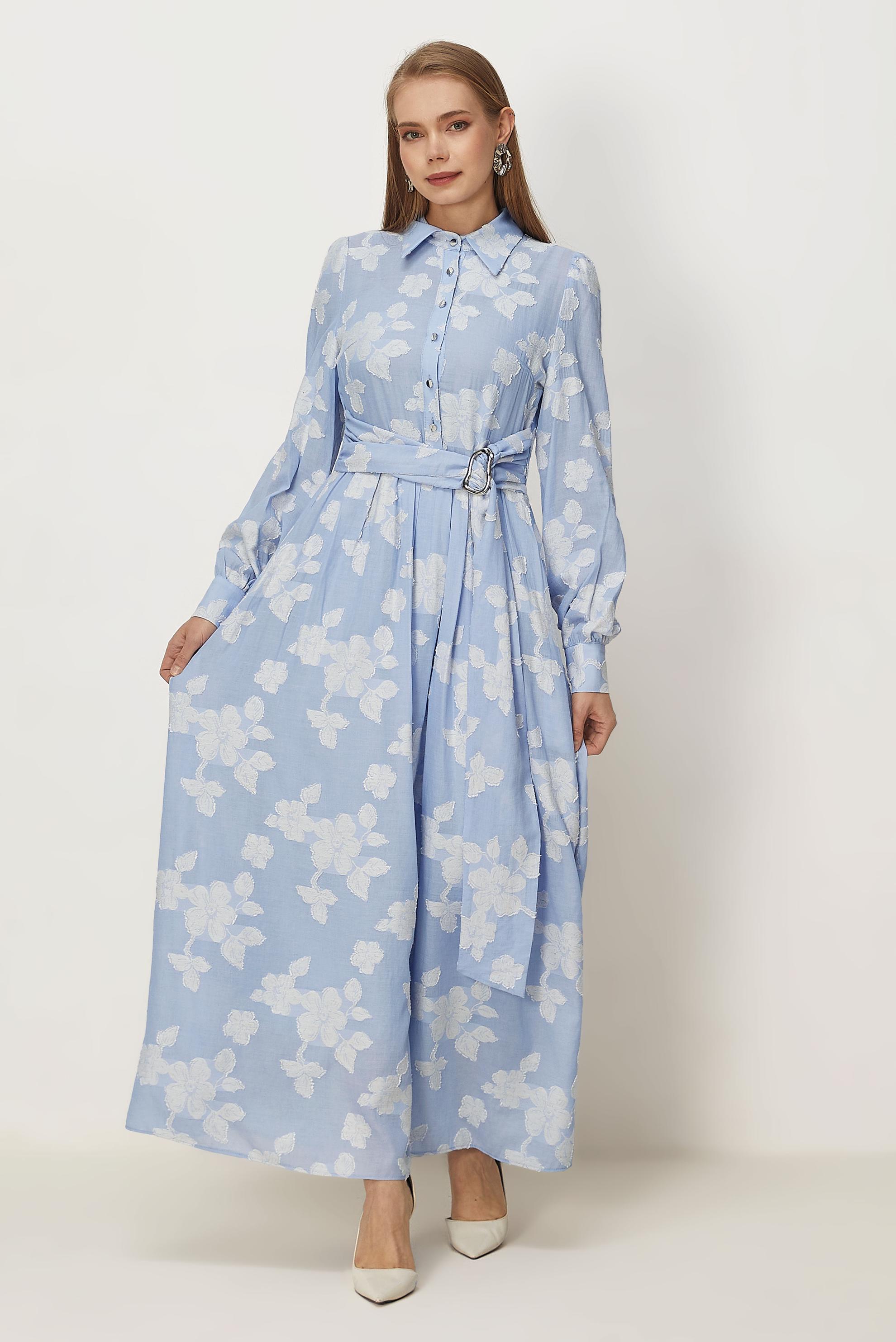 Hijab clothing BLUE BELTED JACQUARD DRESS 46591