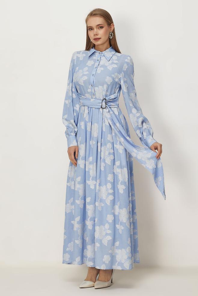 Hijab clothing BLUE BELTED PATTERNED DRESS 46591 - ALVİNA