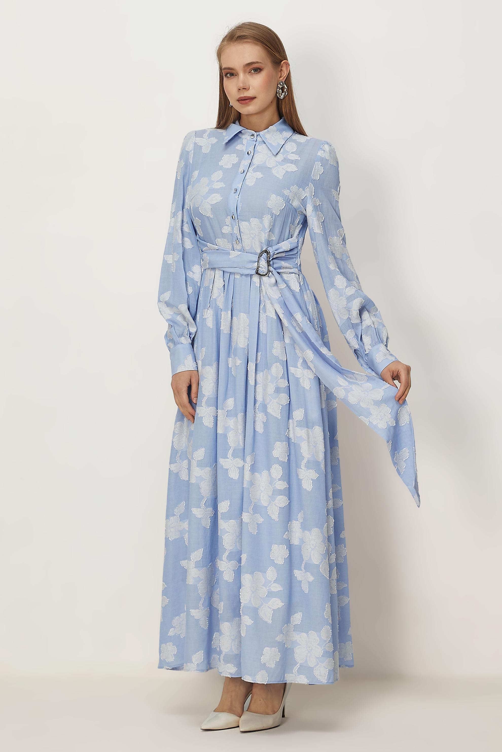 Hijab clothing BLUE BELTED JACQUARD DRESS 46591