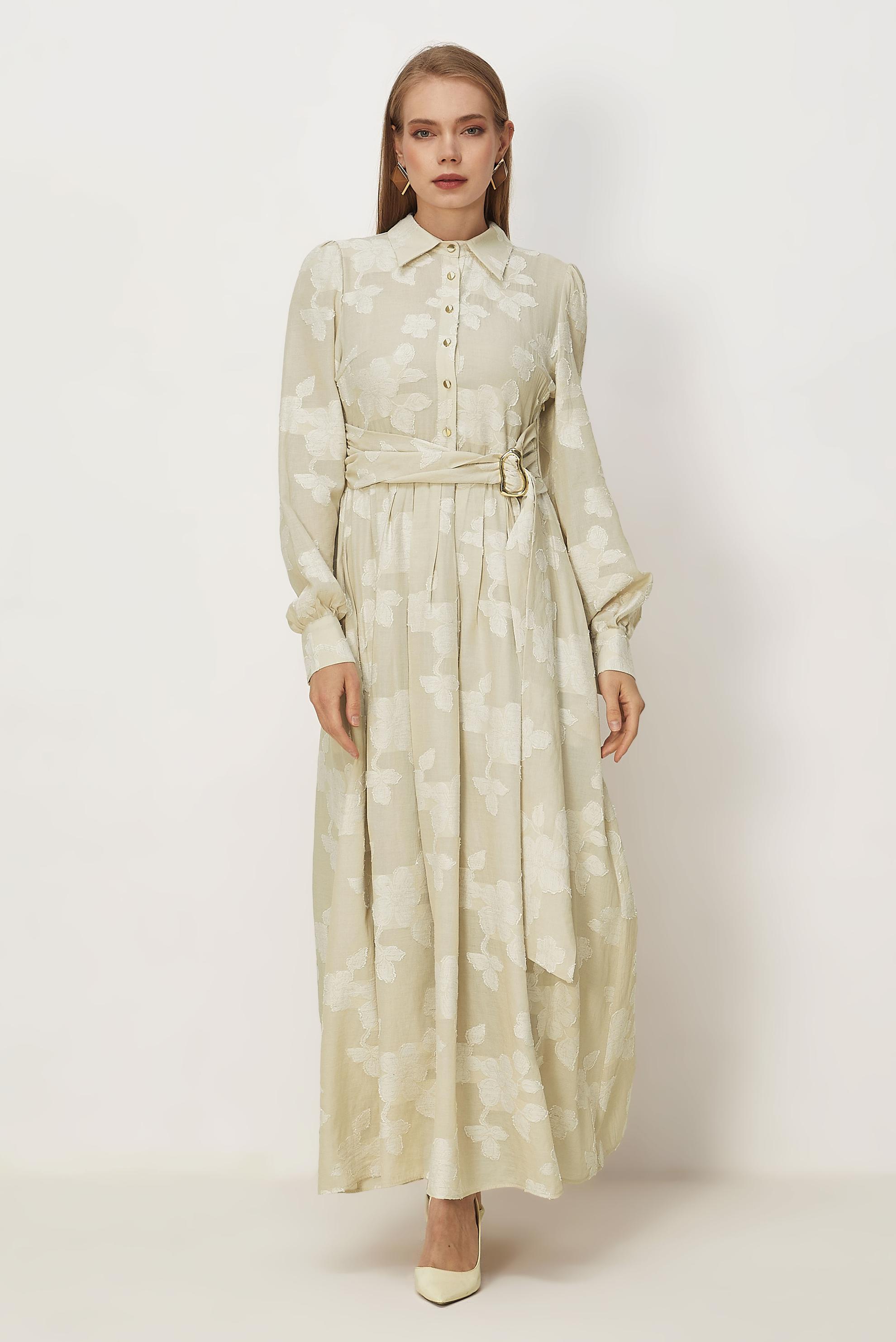 Hijab clothing BEIGE BELTED JACQUARD DRESS 46591