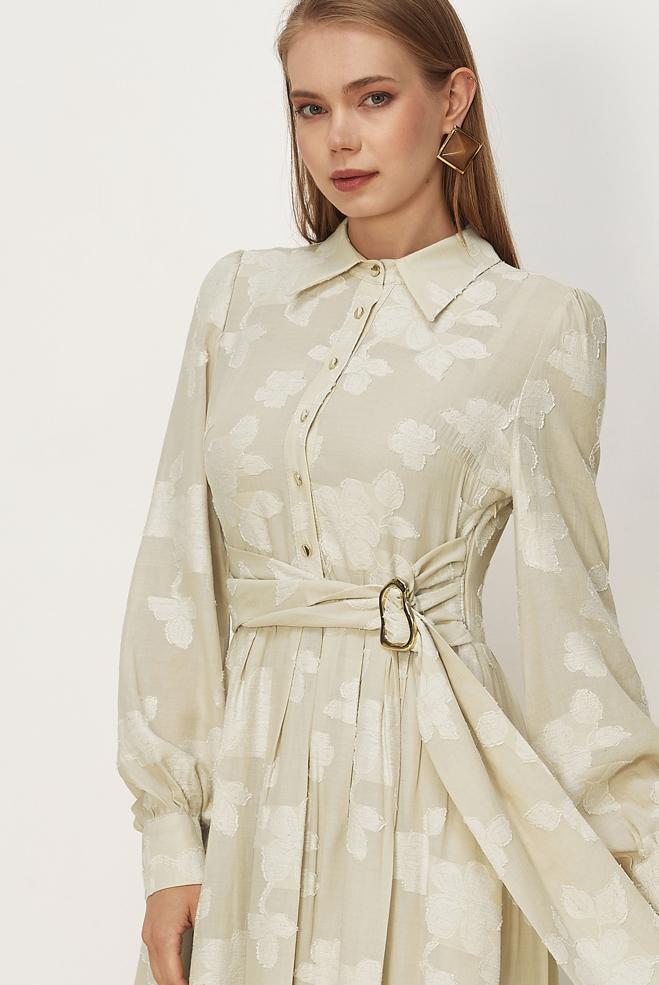 Hijab clothing BEIGE BELTED PATTERNED DRESS 46591 - ALVİNA