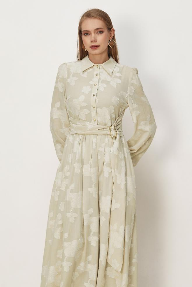 Hijab clothing BEIGE BELTED PATTERNED DRESS 46591 - ALVİNA