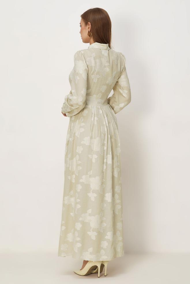 Hijab clothing BEIGE BELTED PATTERNED DRESS 46591 - ALVİNA