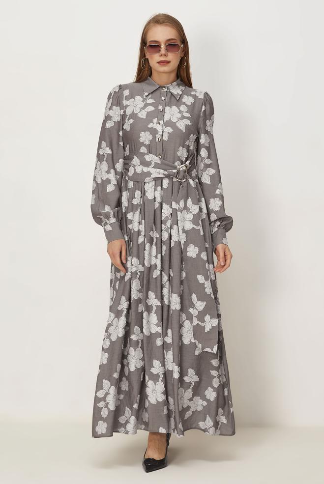 Hijab clothing MINK BELTED PATTERNED DRESS 46591 - ALVİNA
