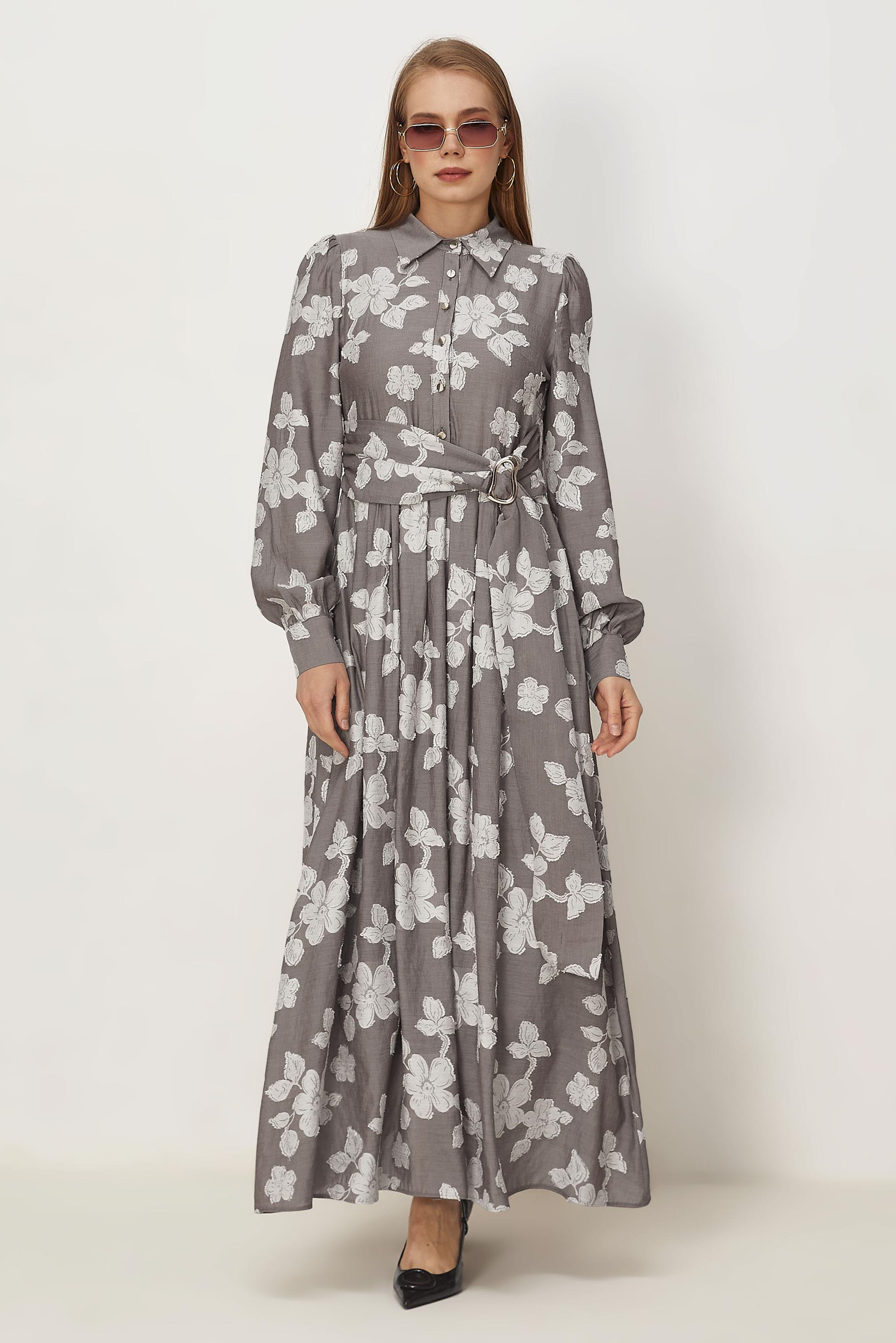 Hijab clothing MINK BELTED JACQUARD DRESS 46591
