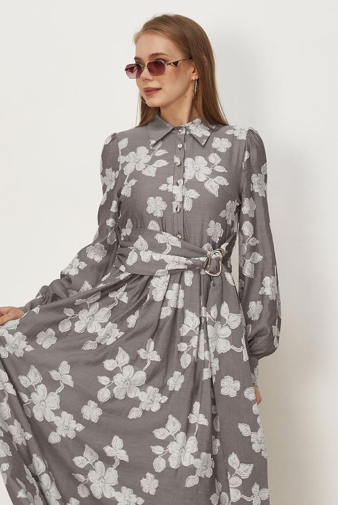 Hijab clothing MINK BELTED PATTERNED DRESS 46591 - ALVİNA