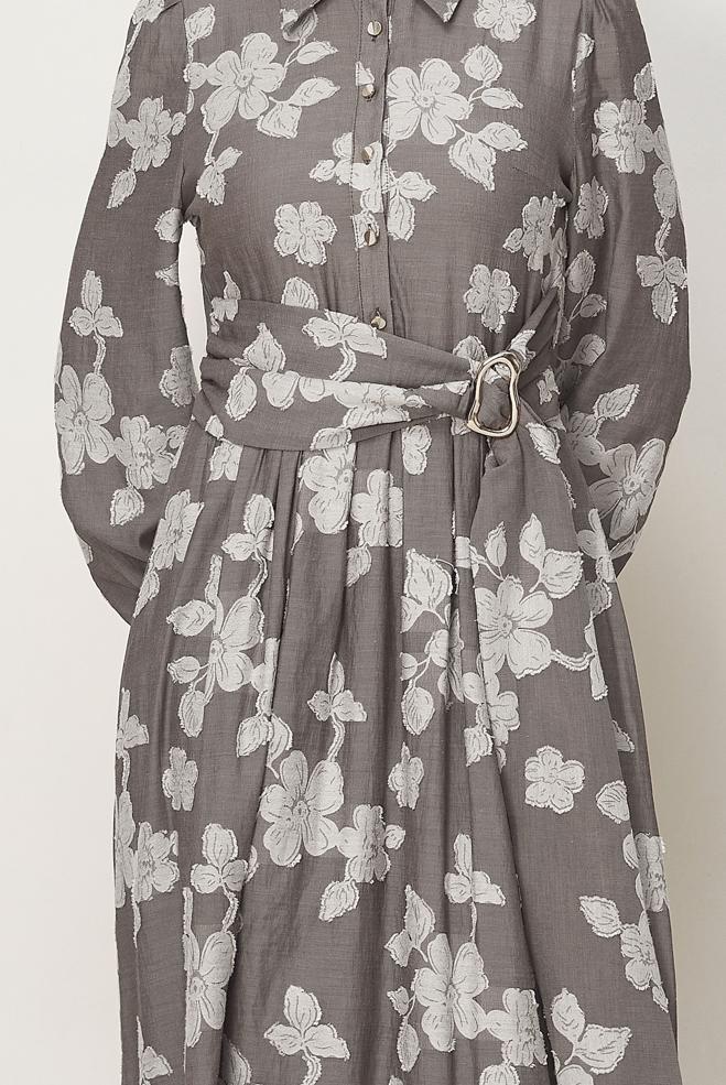 Hijab clothing MINK BELTED PATTERNED DRESS 46591 - ALVİNA